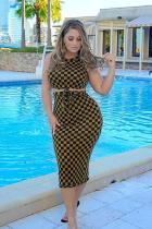 Brown Polyester Street Fashion adult Plaid Print Two Piece Suits pencil Sleeveless Two-Piece Dress
