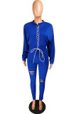 Royal blue Fashion Casual Polyester Patchwork Ripped Strap Design O Neck Long Sleeve Batwing Sleeve Regular Two Pieces