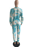 Peacock Blue Sexy Casual Print Tie-dye O Neck Long Sleeve Two Pieces
