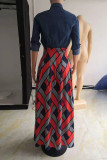 Red Fashion Casual Print Patchwork Turndown Collar Long Sleeve Dresses