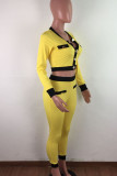 Yellow Street Polyester Geometric Split Joint O Neck Long Sleeve Regular Sleeve Short Two Pieces