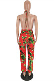Red Fashion Sexy Print Backless V Neck Regular Jumpsuits