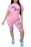 Pink venetian Fashion Casual adult Ma'am Letter Patchwork Print Two Piece Suits pencil Short Sleeve Two Pieces