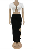 Yellow Fashion Sexy Solid Hollowed Out Asymmetrical V Neck Short Sleeve Two Pieces