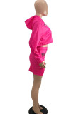 Rose Red Casual Print Solid Hooded Collar Long Sleeve Two Pieces