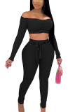 Black Sexy Polyester Solid Split Joint Bateau Neck Long Sleeve Short Two Pieces