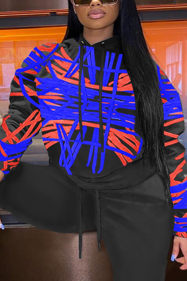 Black Street Print Draw String Hooded Collar Tops