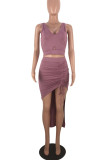 Coffee Sexy Casual Solid Asymmetrical V Neck Sleeveless Two Pieces