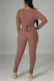 Brown Fashion Sexy Solid Patchwork Strap Design V Neck Long Sleeve Two Pieces