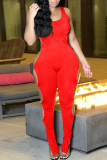 Red Fashion Sexy Solid Hollowed Out O Neck Skinny Jumpsuits
