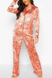 Pink Daily Print Buttons Turndown Collar Long Sleeve Two Pieces