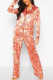 Pink Daily Print Buttons Turndown Collar Long Sleeve Two Pieces