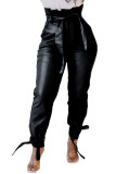 Black Fashion Street Adult Faux Leather Solid With Belt Straight Bottoms