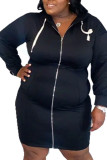 Black Casual Solid Patchwork Hooded Collar Plus Size 