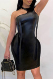 Black Sexy Solid Hollowed Out Patchwork Backless O Neck Sleeveless Dress