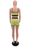 Yellow Sexy Print Patchwork V Neck Sleeveless Two Pieces