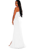 White Polyester Sexy One Shoulder Sleeveless one shoulder collar Step Skirt Floor-Length Solid Patchwork
