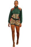Black Green Polyester Fashion adult Casual Leopard Print Two Piece Suits Patchwork pencil Long Sleeve