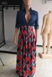 Red Fashion Casual Print Patchwork Turndown Collar Long Sleeve Dresses