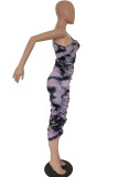 The ink purple Lightly cooked The ink purple Spaghetti Strap Sleeveless Slip pleated Mid-Calf Print Draped Tie and dye Dresses