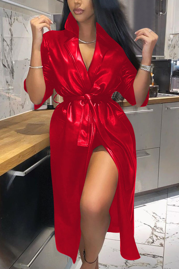 Red Fashion Street Adult Faux Leather Solid With Belt Turndown Collar Outerwear