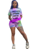 Pink venetian Fashion Casual adult Ma'am Letter Patchwork Print Tie Dye Gradient Two Piece Suits Straight Short Sleeve Two Pieces