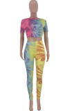 Yellow Fashion Sexy adult Ma'am Patchwork Print Two Piece Suits pencil Short Sleeve Two Pieces
