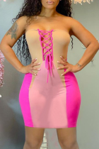 Pink Sexy Color Block Draw String Strapless Pencil Skirt Dresses