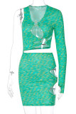 Green Street Solid Hollowed Out V Neck Pencil Skirt Dresses