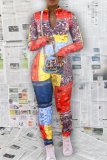 Multicolor Casual Print Patchwork Turndown Collar Skinny Jumpsuits
