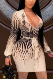 Apricot Sexy Print Backless V Neck Pencil Skirt Dresses