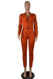Orange Fashion Casual bandage Button Solid Polyester Long Sleeve V Neck Jumpsuits