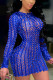 Color Blue Sexy Solid Hollowed Out Patchwork O Neck Pencil Skirt Dresses