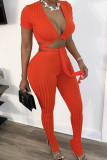 Red Sexy Fashion adult Solid Two Piece Suits Patchwork Split pencil Short Sleeve