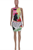 Colour Fashion Sexy Print Basic O Neck Vest Dress