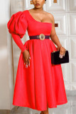 Red Fashion Casual Solid Without Belt Oblique Collar Dresses