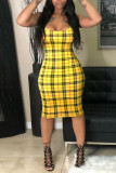 Yellow Fashion Sexy Plaid Print Backless Spaghetti Strap Sleeveless Dress
