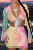 Rainbow Color Fashion Sexy Print Basic V Neck Long Sleeve Two Pieces