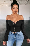 White V Neck Long Sleeve Patchwork crop top Solid