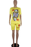 Yellow venetian Fashion Casual Print Two Piece Suits Straight Short Sleeve Two Pieces