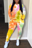 Pink Casual Patchwork Tie-dye O Neck Long Sleeve Two Pieces