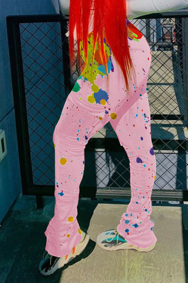 Pink Casual Print Fold Regular High Waist Speaker Bottoms