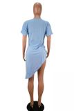 Light Blue Polyester Casual Sexy Fashion Cap Sleeve Short Sleeves O neck Asymmetrical skirt Draped Patchwork So