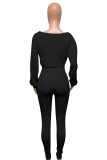 Black Polyester Active Europe and America Street Solid Skinny Long Sleeve Two Pieces