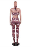 Brown Fashion Sexy Print Backless Halter Sleeveless Two Pieces