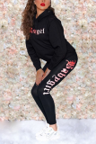 Black Casual Print Letter Hooded Collar Long Sleeve Two Pieces