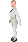 Grey Fashion Sexy adult Patchwork Solid Draped Zippered HOLLOWED OUT pencil Long Sleeve Two Pieces