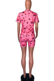 Pink Fashion OL Print Two Piece Suits Straight Short Sleeve Two Pieces