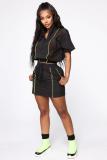 Black Fashion adult OL Patchwork Solid Mesh perspective Two Piece Suits HOLLOWED OUT pencil Half Sleeve Two Pieces