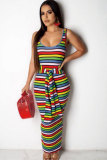 Pink Polyester Sexy Fashion Spaghetti Strap Sleeveless Slip Pencil Dress Ankle-Length Striped Patchwork P